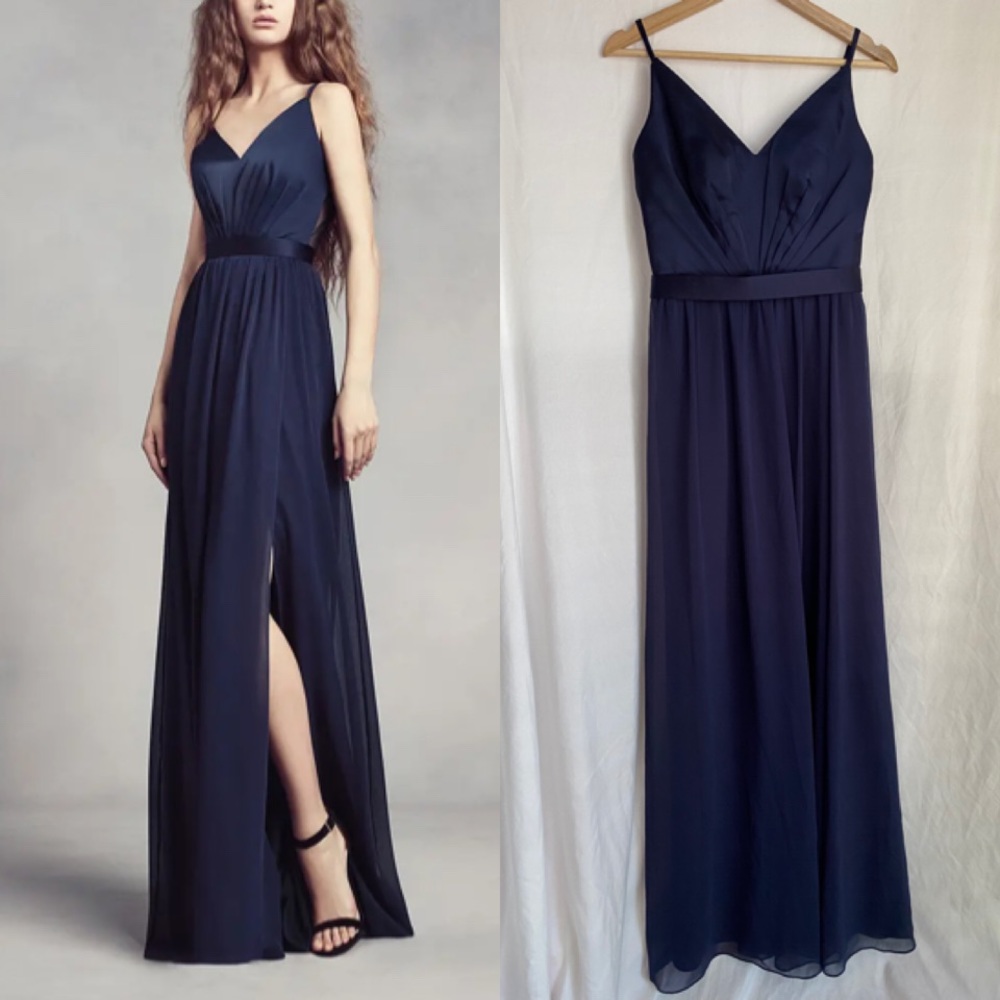 WHITE by Vera Wang V Neck Chiffon Maxi Dress Midnight Blue Size US 4 Bridesmaid